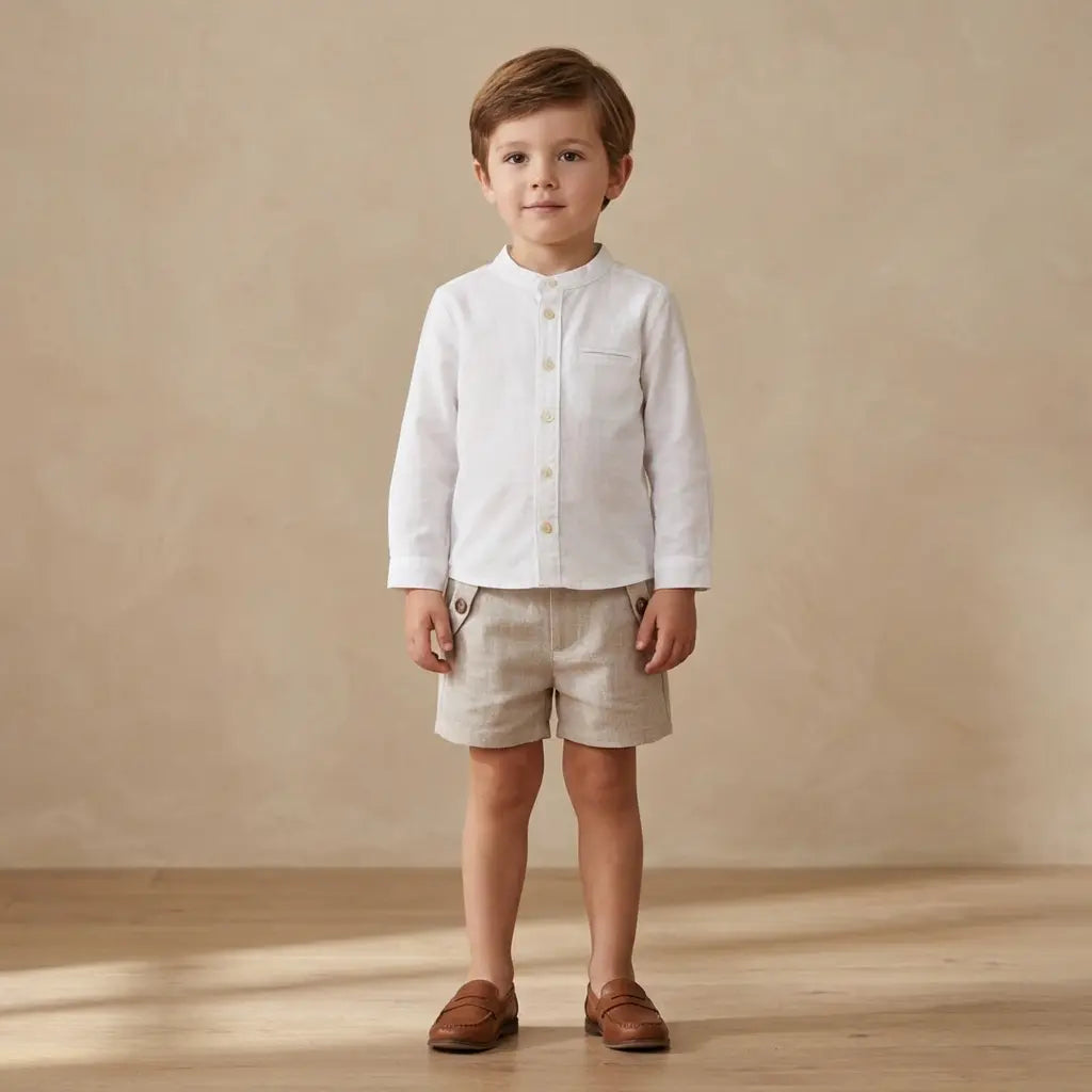 100% White Linen Baby Shirt & Beige Shorts TARTINE ET CHOCOLAT