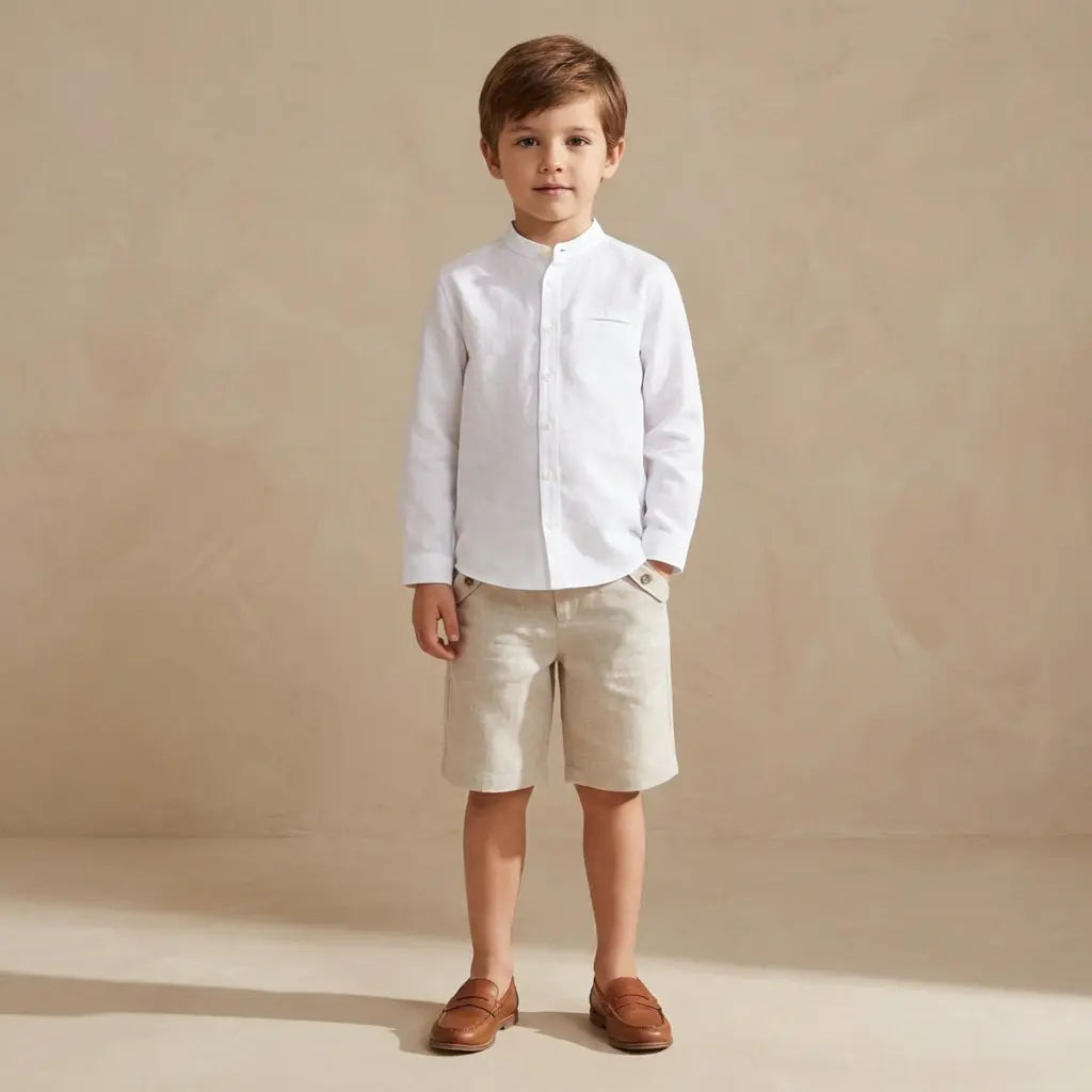 100% White Linen Chinese Collar Shirt & Beige Shorts TARTINE ET CHOCOLAT