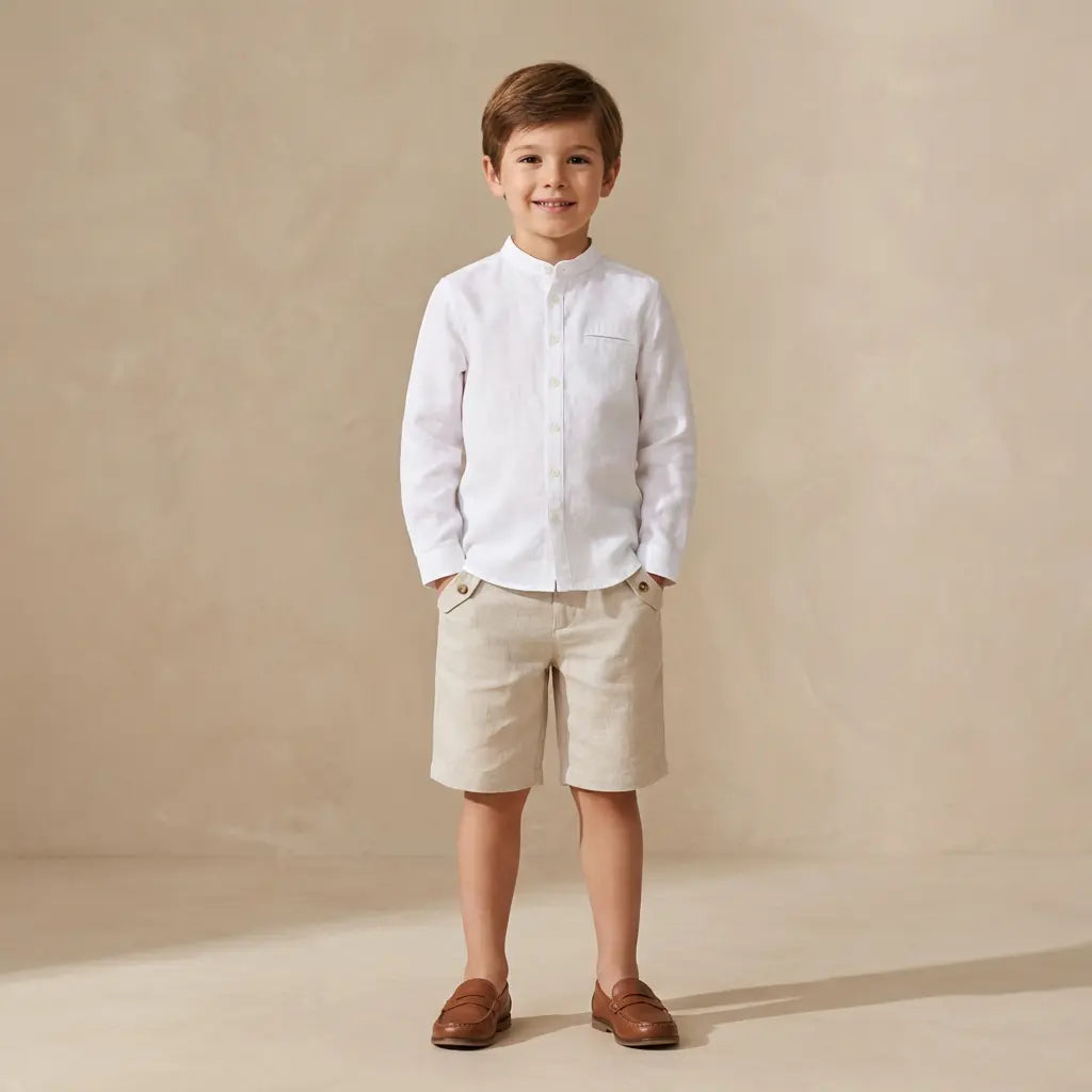 100% White Linen Chinese Collar Shirt & Beige Shorts TARTINE ET CHOCOLAT