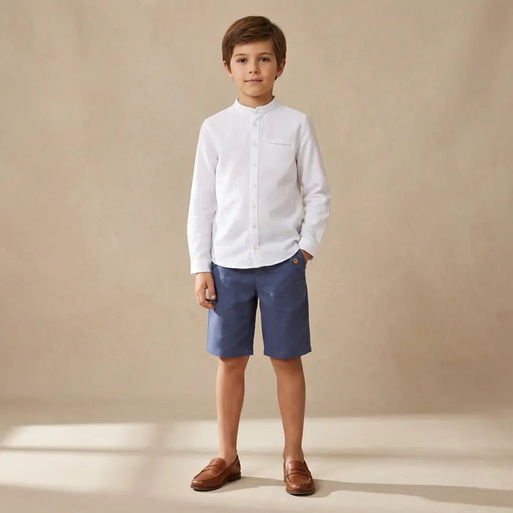 100% White Linen Chinese Collar Shirt & Navy Shorts TARTINE ET CHOCOLAT