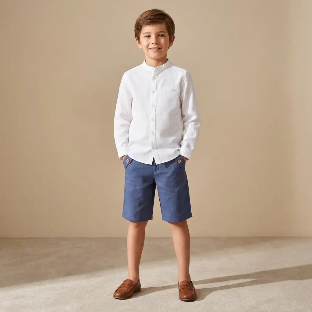 100% White Linen Chinese Collar Shirt & Navy Shorts TARTINE ET CHOCOLAT