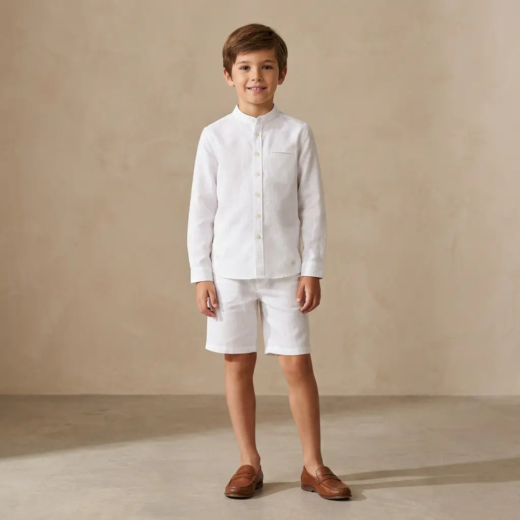 100% White Linen Chinese Collar Shirt & White Shorts TARTINE ET CHOCOLAT