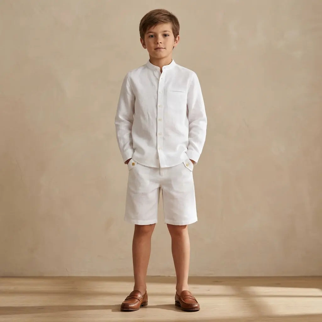 100% White Linen Chinese Collar Shirt & White Shorts TARTINE ET CHOCOLAT