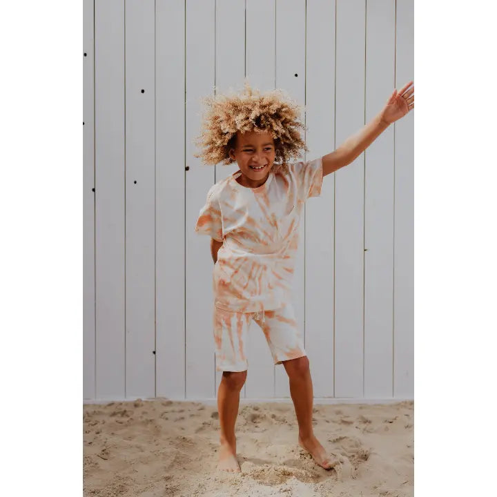 Round Neck Shirt & Short - Orange White LITTLE HEDONIST