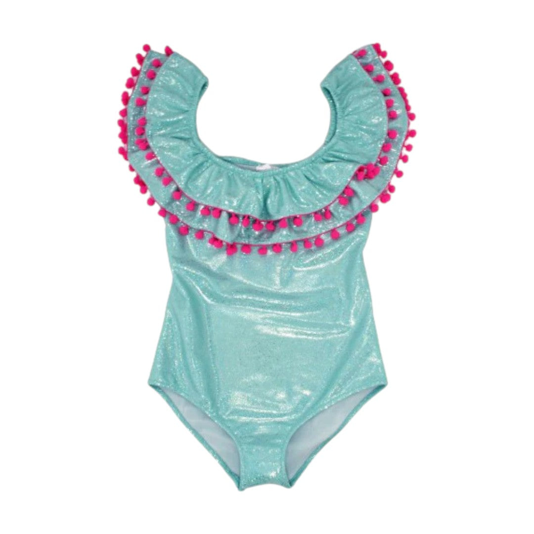 Sissi Aqua Glitter Hot Pink Pompon One Piece