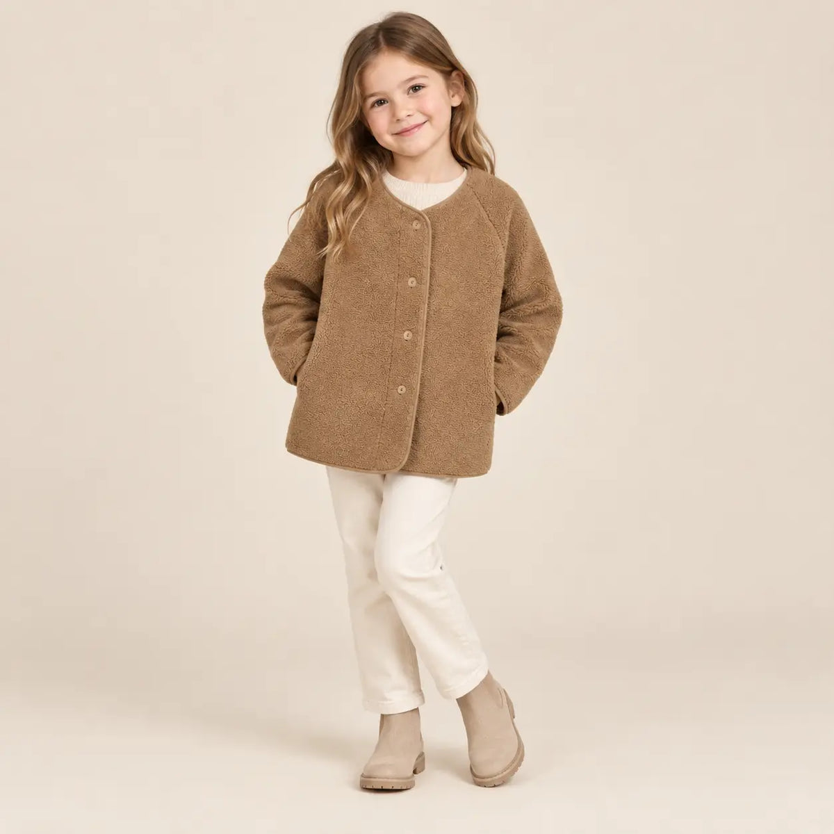 Teddy bomber jacket camel - 6Y girl lookbook pose 2