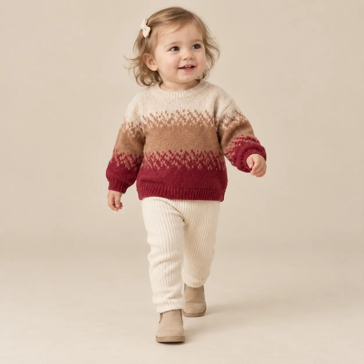 1 year girl wearing Tricolor Knitted Sweater walking pose