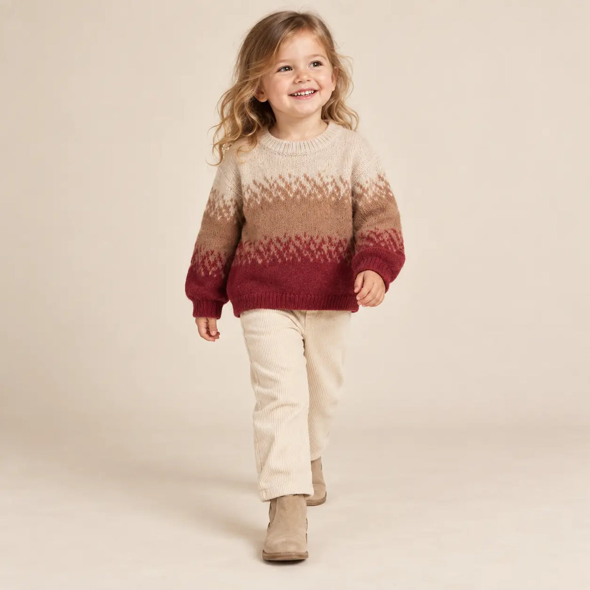 3 year girl wearing Tricolor Knitted Sweater walking pose