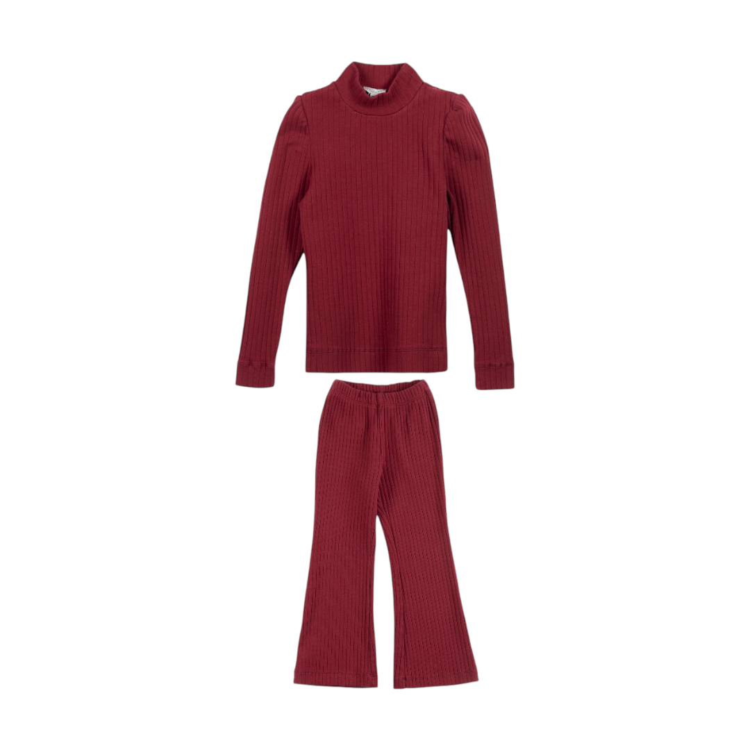 Girls Ribbed T-shirt & Flared Leggings  - Burgundy
