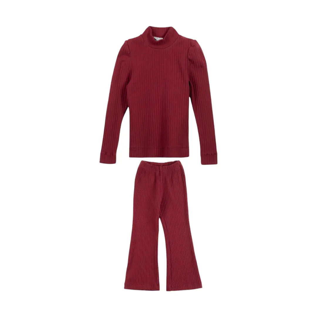 Girls Ribbed T-shirt & Flared Leggings - Burgundy YELL OH!