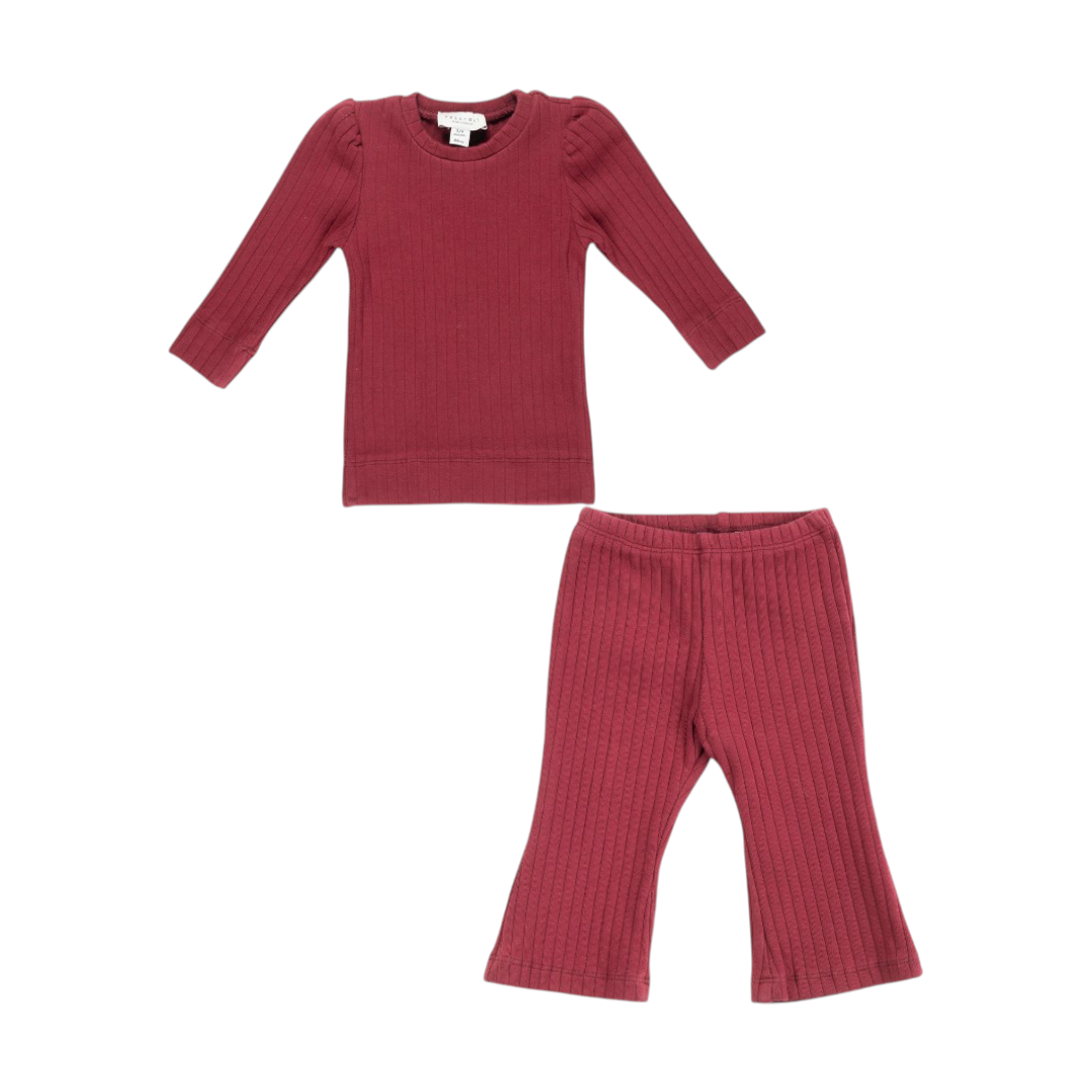 Baby Girl Ribbed T-shirt & Flared Leggings - Burgundy