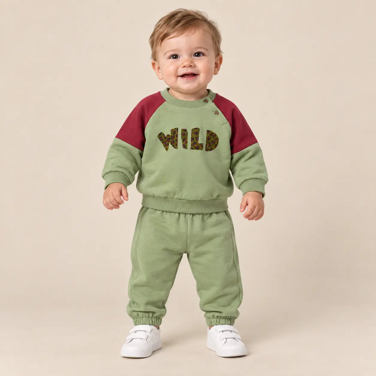 9 month boy wearing Wild Pistachio Organic Cotton Sweatshirt & Sweatpants