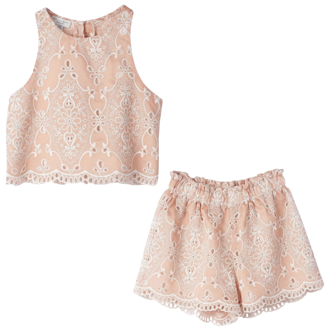 Girls Peach Quartz Embroidered Lace Top &amp; Bermuda Shorts Set