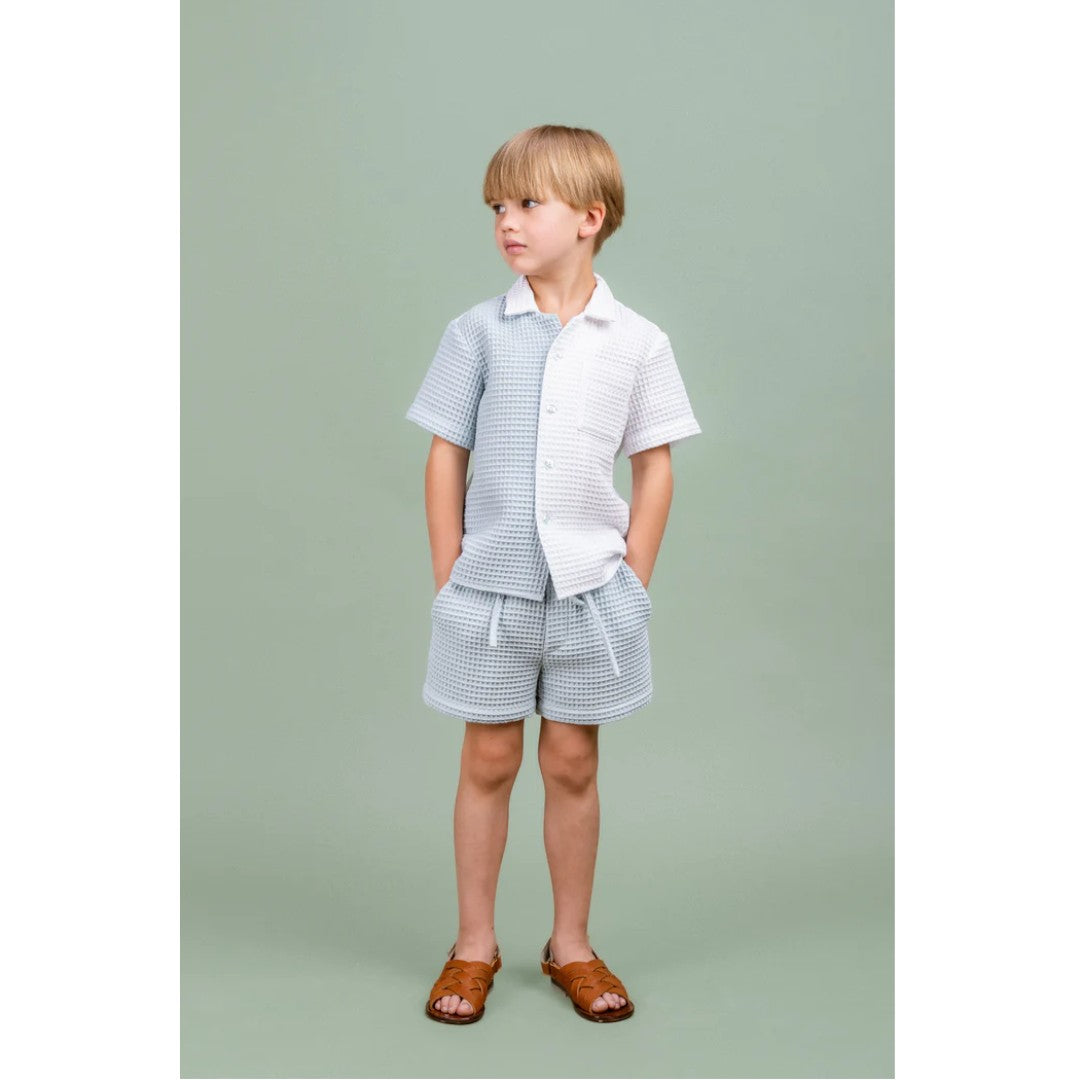 White & Blue Waffle Cotton Shorts Set