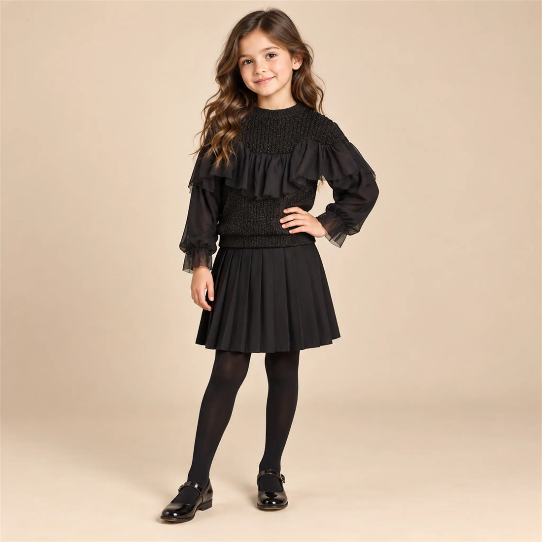 Black glitter blouse on girl, size 8Y — lookbook