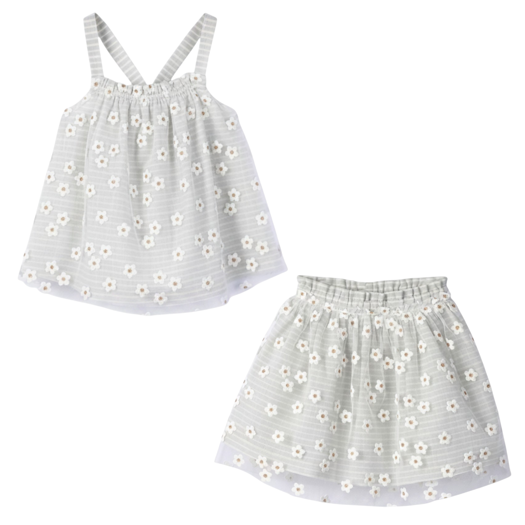 Girls Striped Daisies Cotton Top &amp; Double Layer Skirt Set