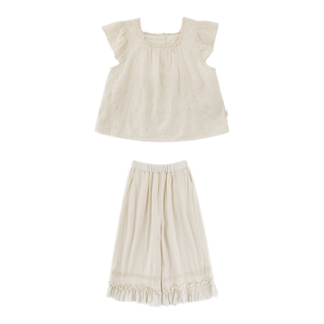 Girls Cream Ruffle Top &amp; Wide-Leg Pants Set