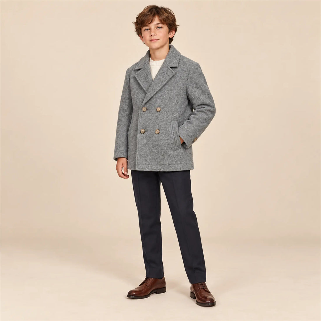 Boy Double-Breasted Peacoat – Grey – 12Y lookbook, look 1