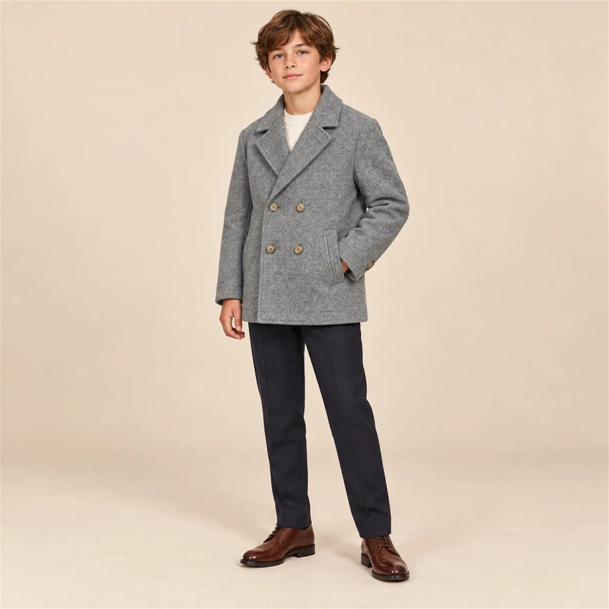 Boy Double-Breasted Peacoat – Grey – 12Y lookbook, look 1