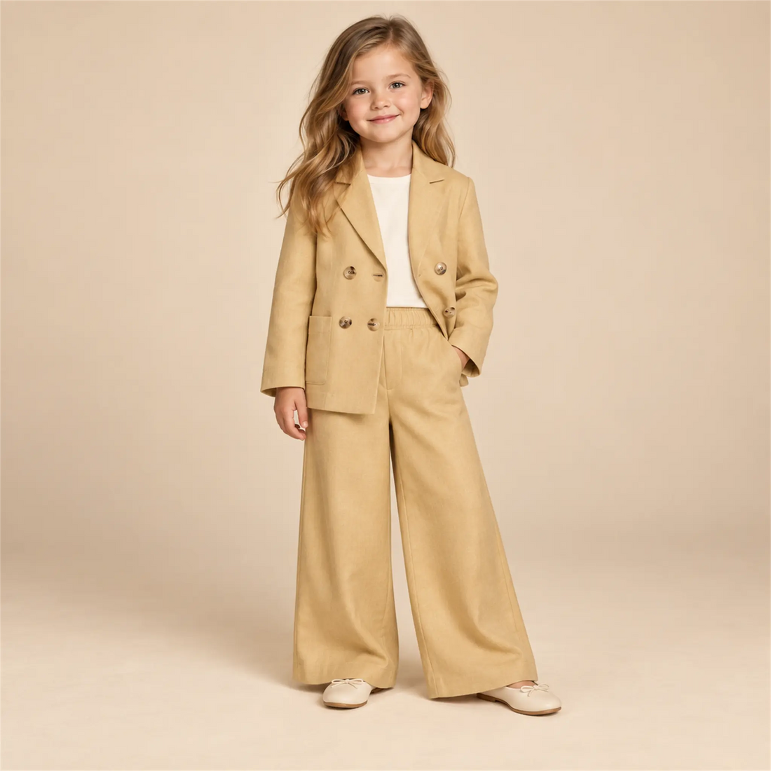 Beige linen jacket and matching trousers on girl, size 04Y — lookbook