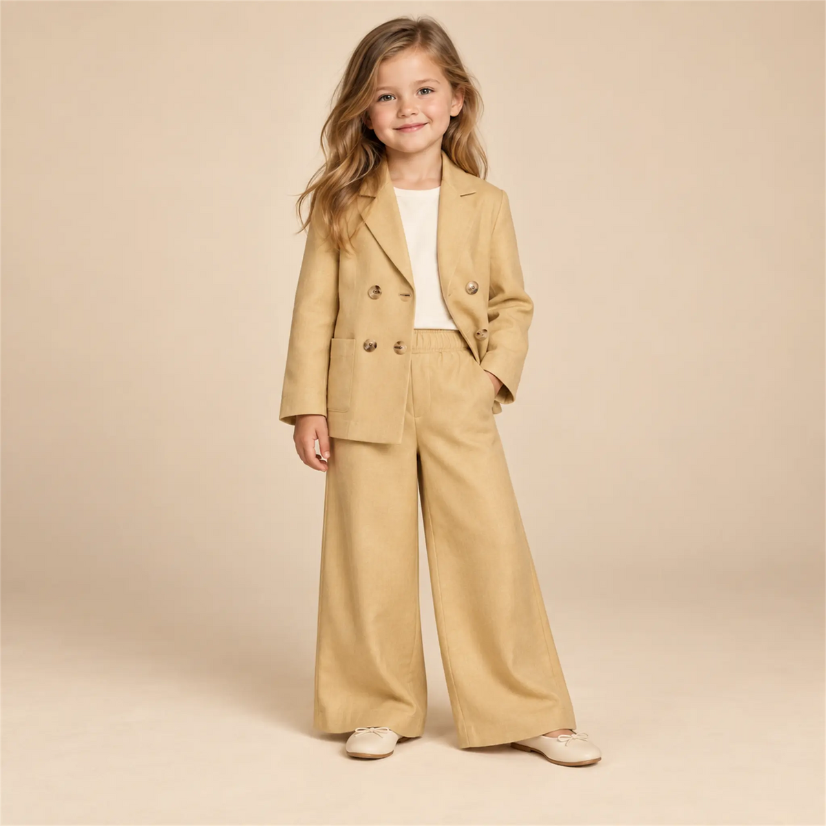 Beige linen jacket and matching trousers on girl, size 04Y — lookbook