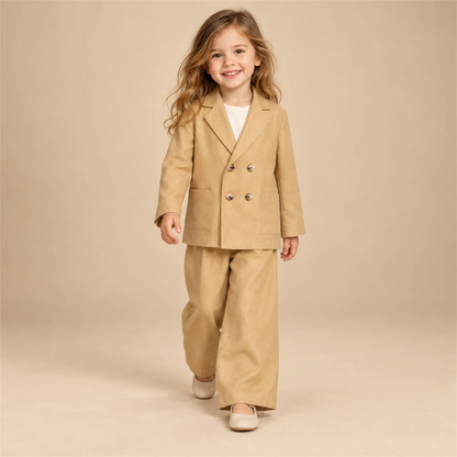 Beige linen jacket and matching trousers on girl, size 04Y — lookbook