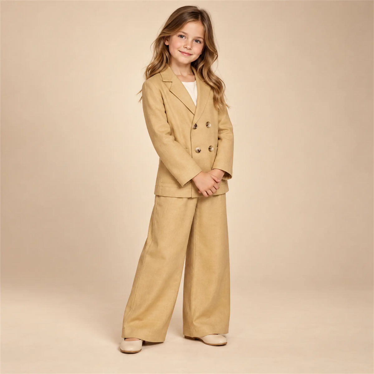 Beige linen jacket and matching trousers on girl, size 08Y — lookbook