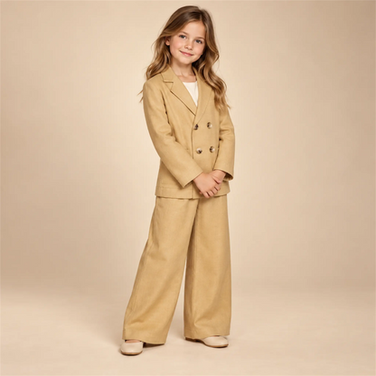 Beige linen jacket and matching trousers on girl, size 08Y — lookbook