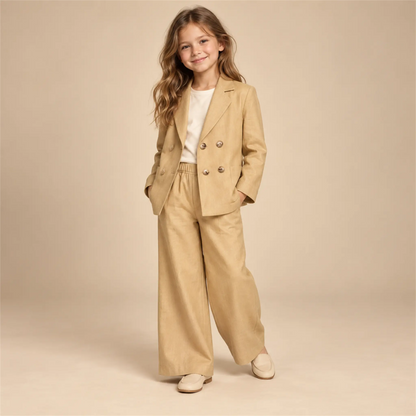 Beige linen jacket and matching trousers on girl, size 08Y — lookbook