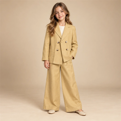 Beige linen jacket and matching trousers on girl, size 10Y — lookbook