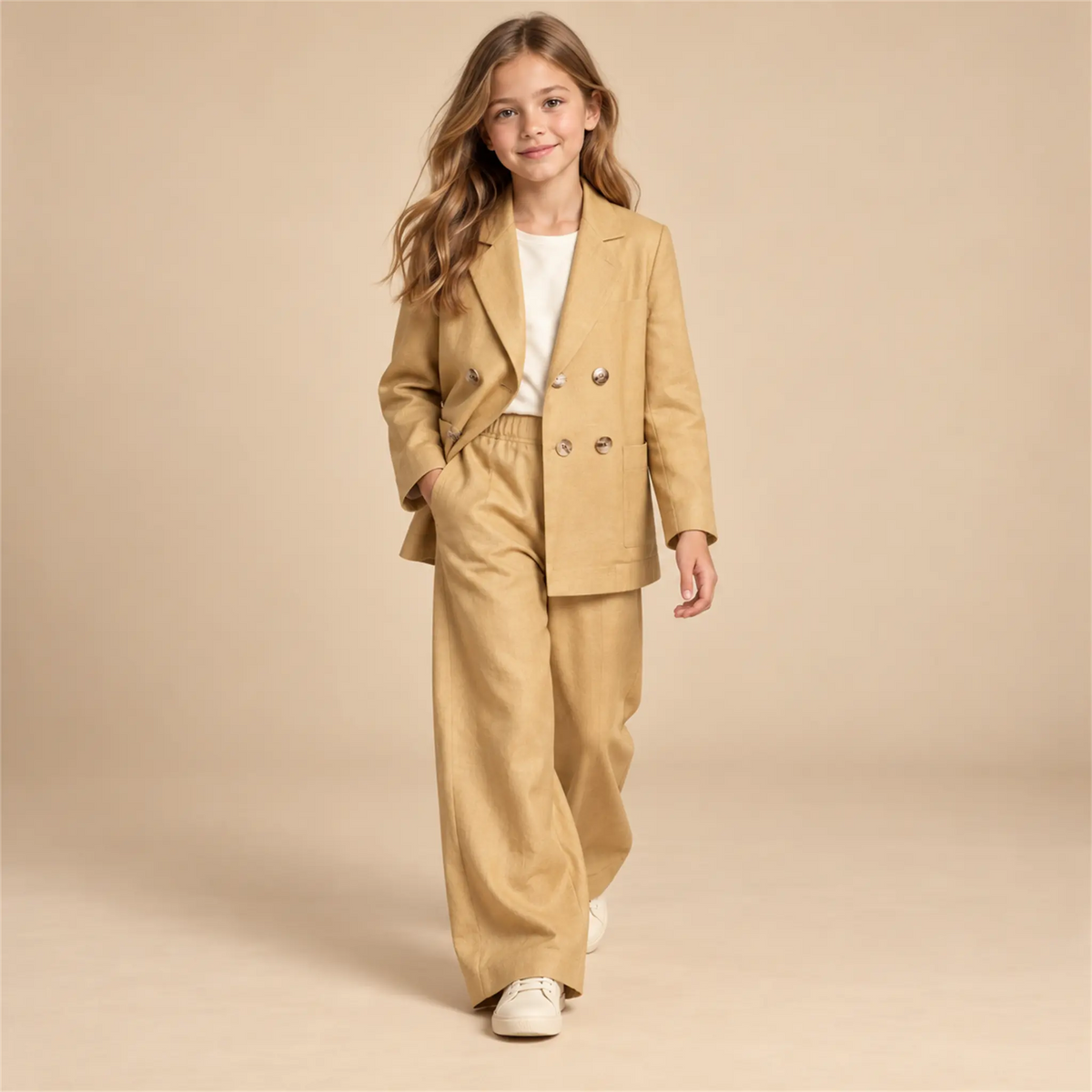 Beige linen jacket and matching trousers on girl, size 10Y — lookbook