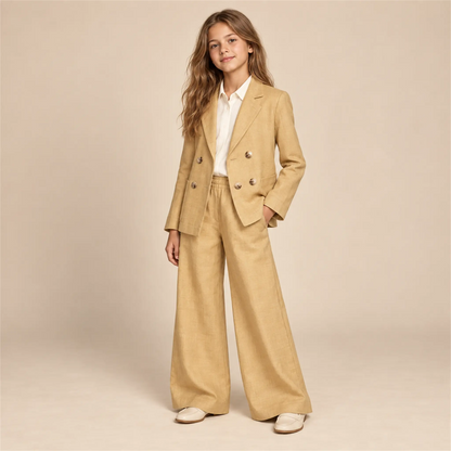 Beige linen jacket and matching trousers on girl, size 12Y — lookbook