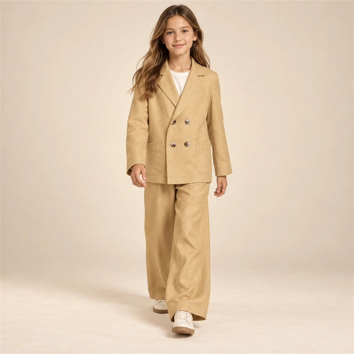 Beige linen jacket and matching trousers on girl, size 12Y — lookbook