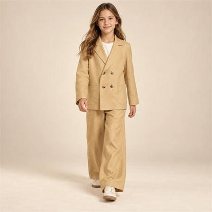 Beige linen jacket and matching trousers on girl, size 12Y — lookbook