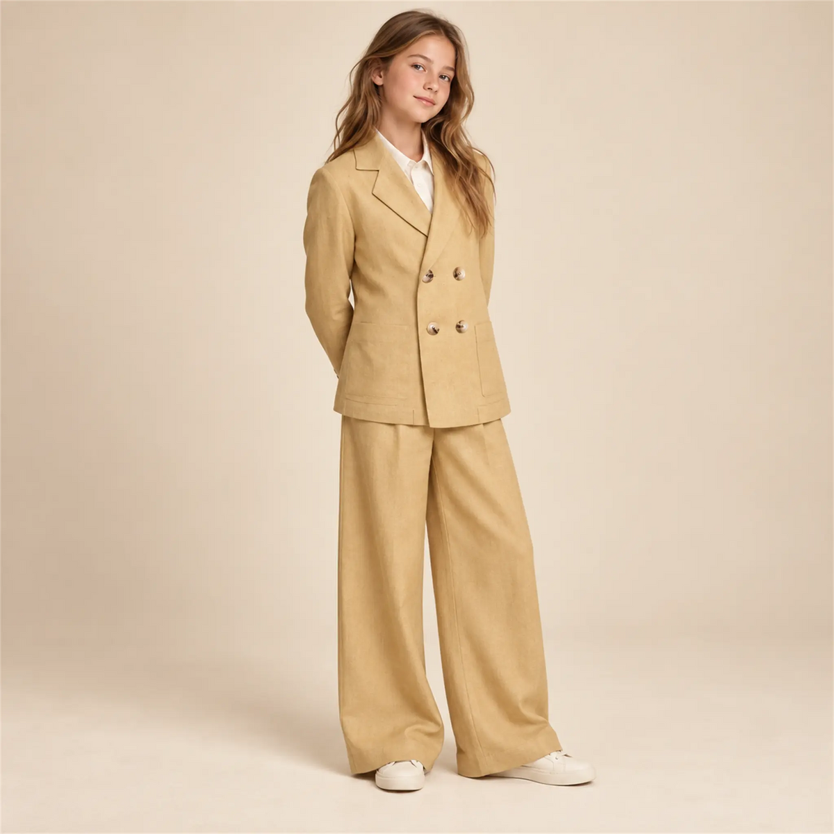 Beige linen jacket and matching trousers on girl, size 14Y — lookbook