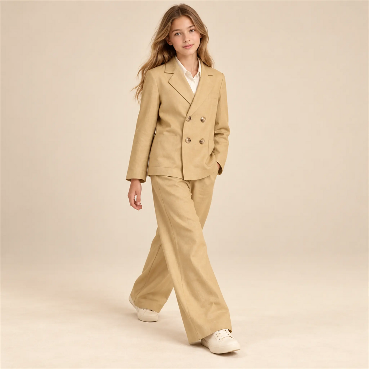 Beige linen jacket and matching trousers on girl, size 14Y — lookbook