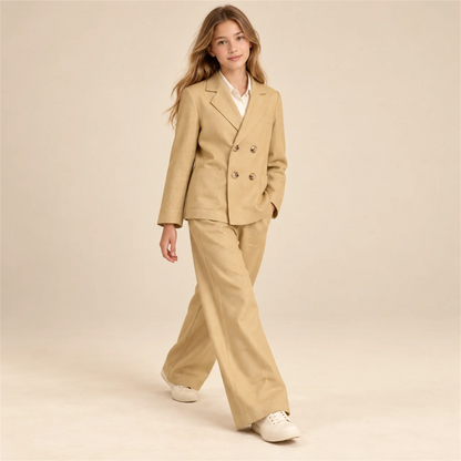 Beige linen jacket and matching trousers on girl, size 14Y — lookbook