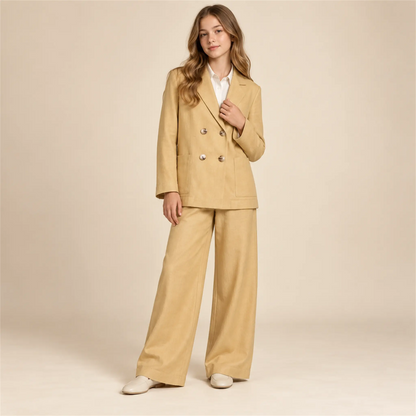 Beige linen jacket and matching trousers on girl, size 16Y — lookbook