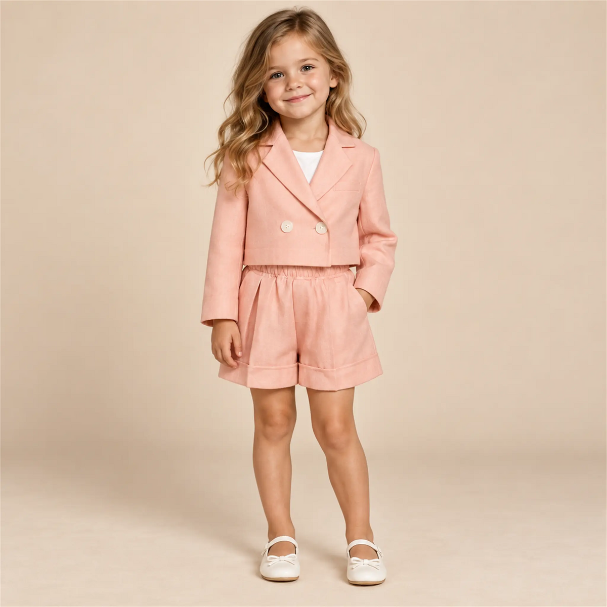 Pink linen crop jacket and matching shorts on girl, size 04Y — lookbook