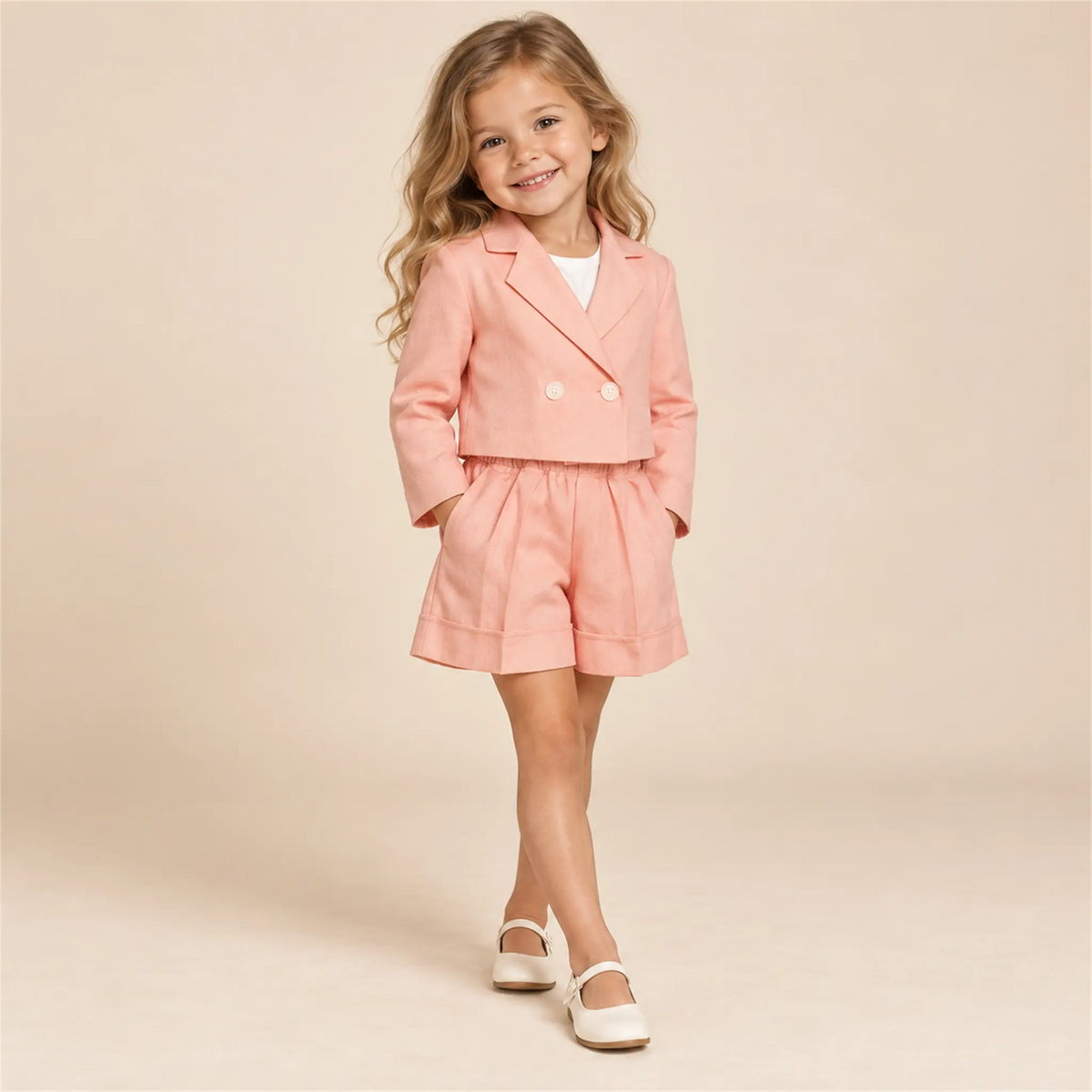 Pink linen crop jacket and matching shorts on girl, size 04Y — lookbook
