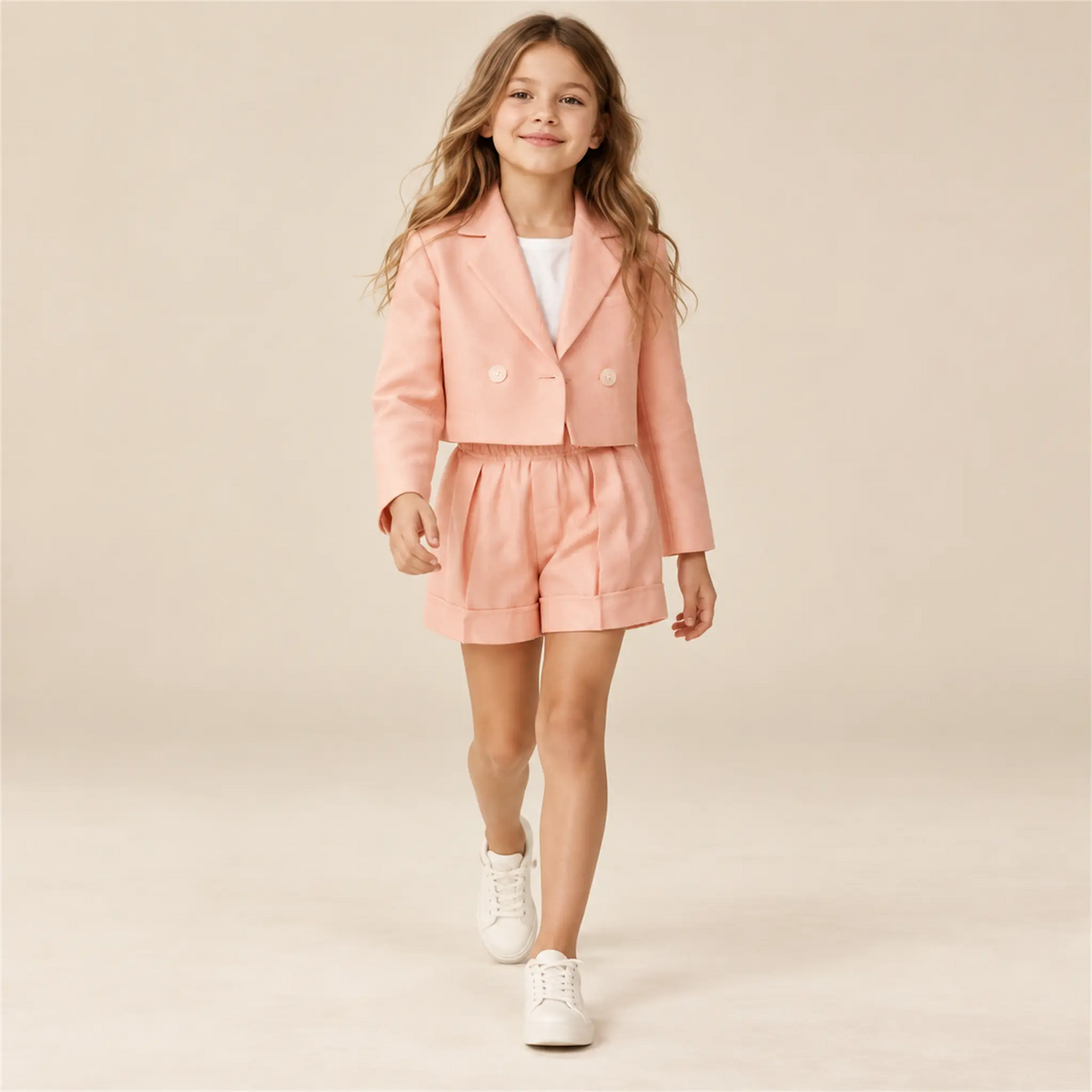 Pink linen crop jacket and matching shorts on girl, size 08Y — lookbook