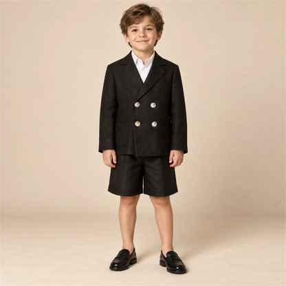 Black linen jacket and matching shorts on boy, size 06Y — lookbook