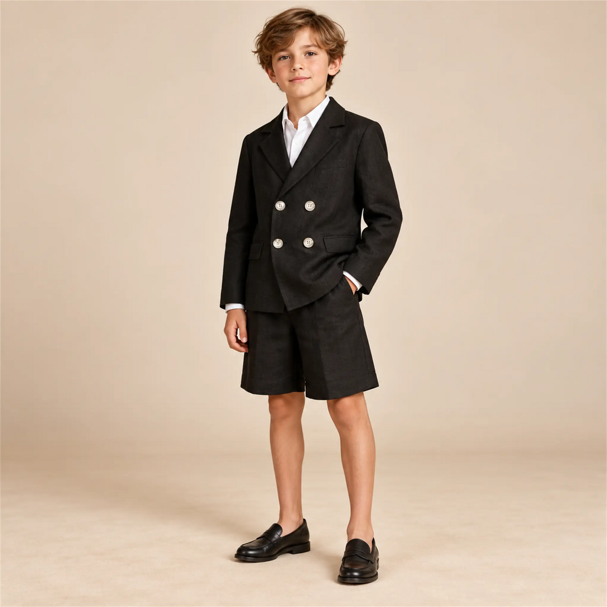 Black linen jacket and matching shorts on boy, size 10Y — lookbook