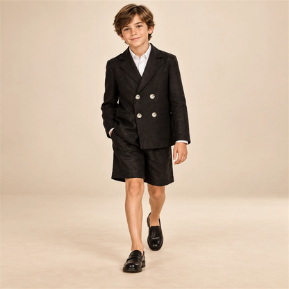 Black linen jacket and matching shorts on boy, size 10Y — lookbook