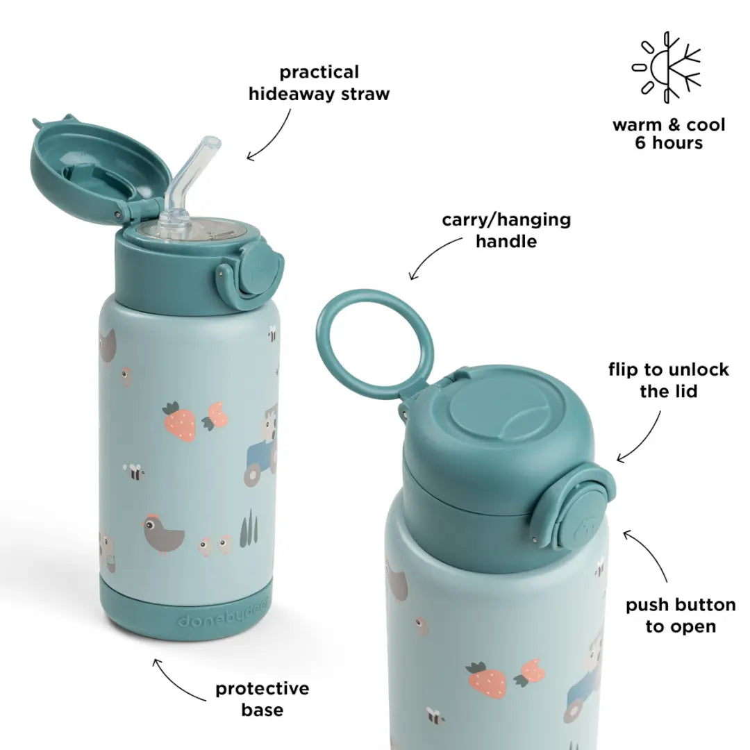 Insulated Straw Bottle Tiny Farm Blue 340ml DONE BY DEER