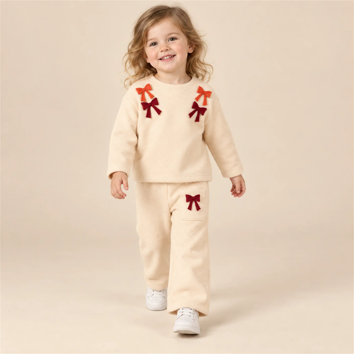 Beige studio lookbook: 100% Organic Cotton Sweatshirt With Bows &amp; Sweatpants - Sand; 2-3Y; full-body child model; look 2