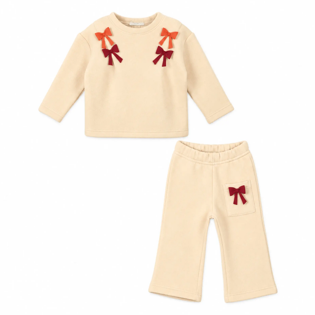 Product-only image: 100% organic cotton bows sweatshirt and sweatpants set in sand