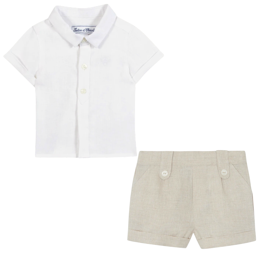 Boys White Linen Shirt &amp; Sand Linen Shorts Set