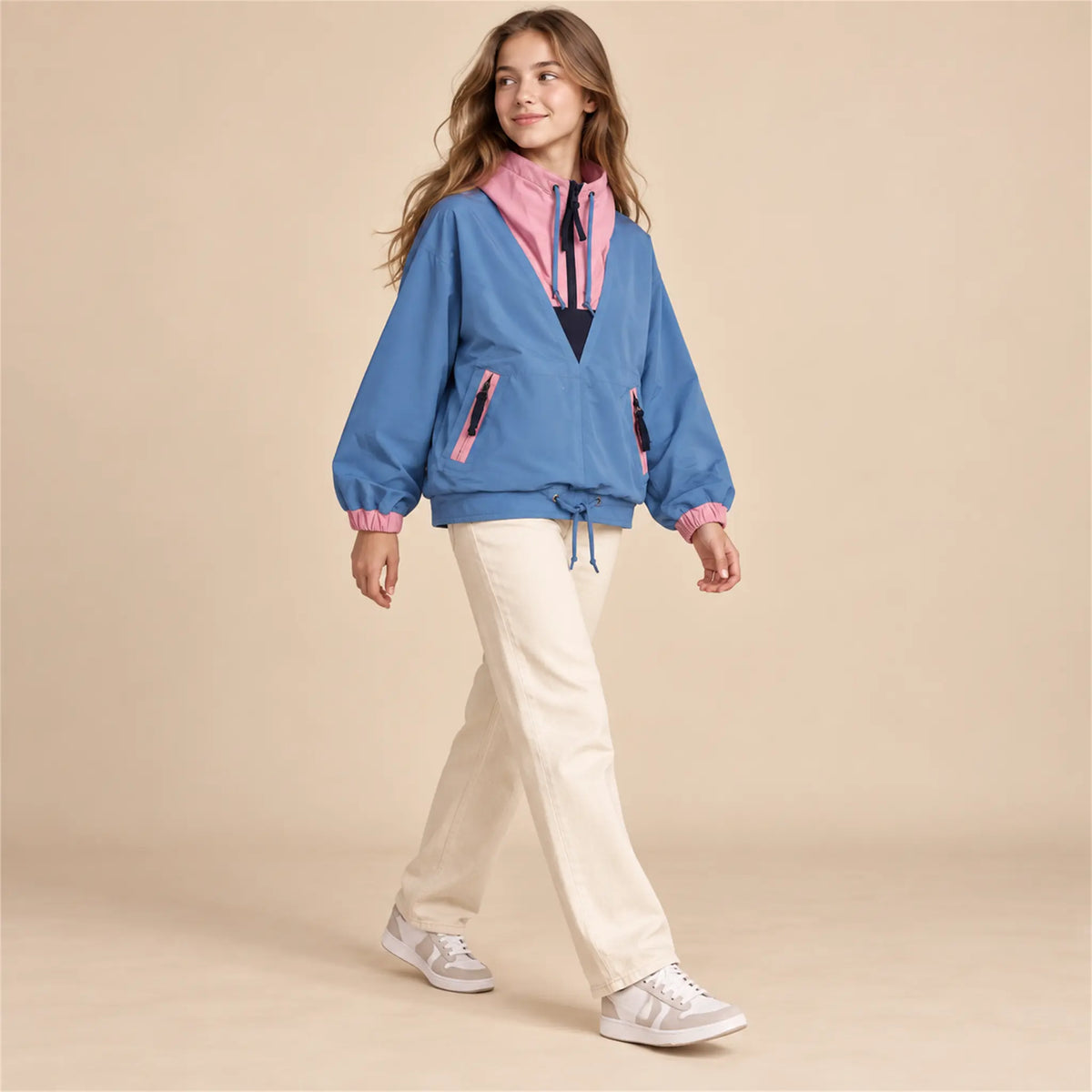 Beige studio lookbook: Oaks Windbreaker; 16Y; full-body child model; look 2