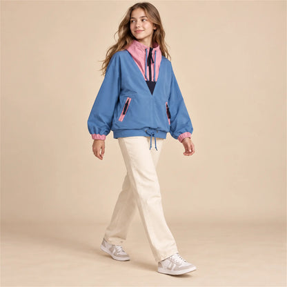 Beige studio lookbook: Oaks Windbreaker; 16Y; full-body child model; look 2